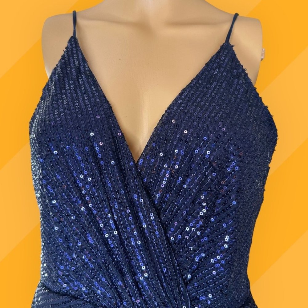 Double Crazy Blue Sequin Mini Dress Large L Lined Sleeveless Stretch V-Neck - Picture 5 of 16